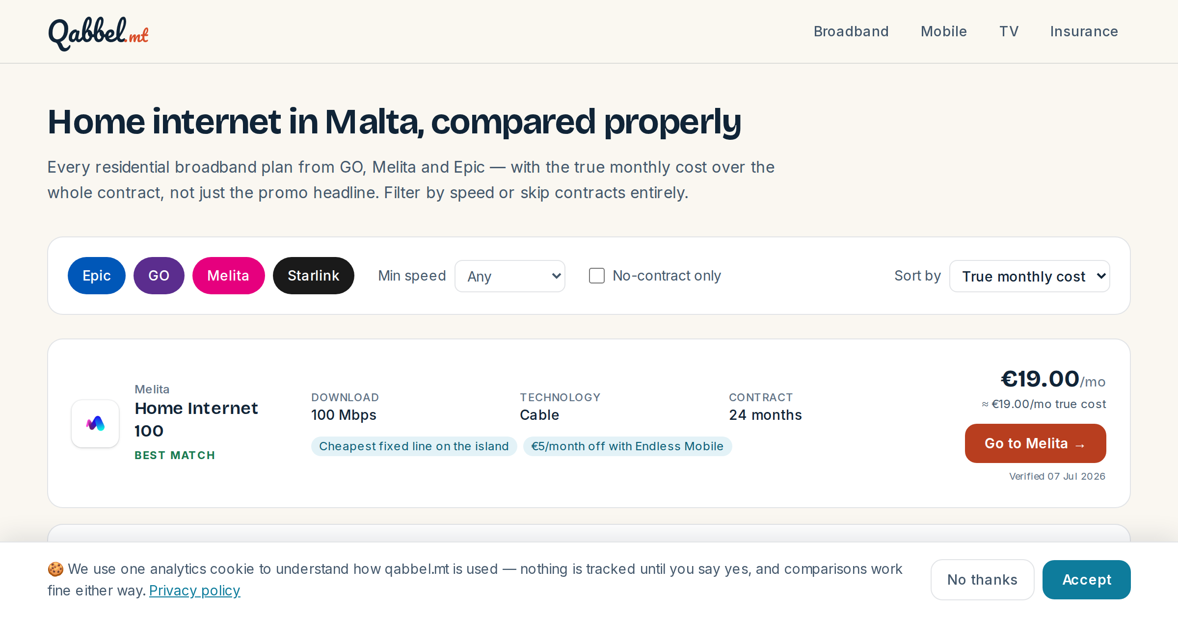 Qabbel.mt comparison table showing Malta broadband plans from GO, Melita, Epic and Starlink ranked by true monthly cost